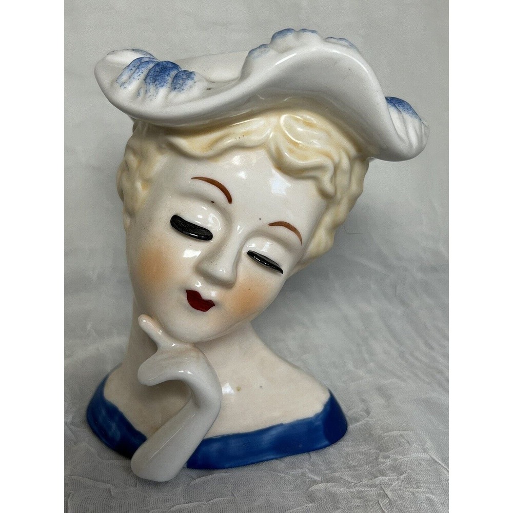 Vintage Lady Head Vase, Blue, Hand To Face, Striking